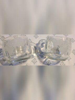 Set Of 2 Vintage 1970s Nestle Nescafe World Globe Etched Clear Glass Coffee Mugs